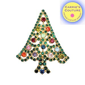 Vintage 1960s Signed Hobe Goldtone Rhinestone Christmas Tree Brooch